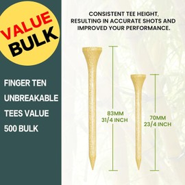 FINGER TEN Bamboo Golf Tees Wood 2 3/4 3 1/4 Inch 83mm 70mm Bulk 250 500 1000 Count, Practice Golf Tee Wooden for Men Women Kids (Natural, 500 Count(2 3/4 Inch))