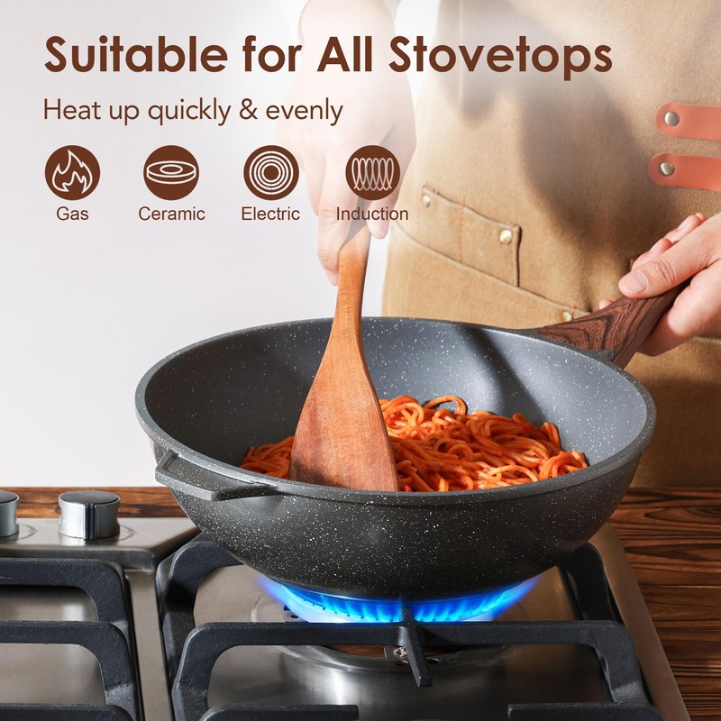 SENSARTE Nonstick Wok Pan with Lid 11Inch, Healthy Stir-fry Pan