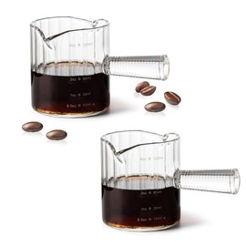 Steviieden Espresso Cups Set of 2, 4 OZ Glass Double Spouts Cups, Shot Glasses, Milk Cup with Glass Handle for Dishwasher Safe, Espresso Accessories for Machine, Demitasse Cups, Small (Clear)