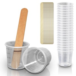 20 Pack – RE-GEN 60ml/2oz Clear RE-USABLE Plastic Graduated Measuring Cup Mixing Kit with 20 Wood Stir Spatulas | Ideal for Mixing Paint, Oils, Liquids, Resin