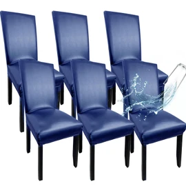 WUSOUPU Navy Leather Chair Covers for Dining Chairs Set of 6, Faux Leather Dining Chair Covers Removable Wipeable Parson Chair Covers Leather, Stretch Waterproof Chair Seat Covers for Dining Chairs
