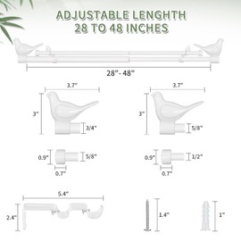 MERIVILLE 3/4" Diameter Farmhouse Double Window Treatment Curtain Rod, Bird Finials (28"-48", Glossy White)