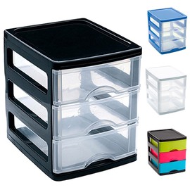 3 Drawers Plastic Desktop Storage Unit with Drawers, Stationary Arts Drawer Desktop Tabletop Organiser Storage Tower Unit for Office Bedroom Garage (17 x 13.5 x 17cm - Rattan Pink)