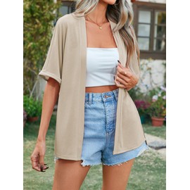 Famulily Open Front Half Sleeve Side Split Cardigans for Women, Summer Beach Cover ups Loose Cardigans (M, Beige)