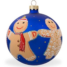 Gingerbread Family with Candy Cane Blown Glass Ball Christmas Ornament 4 Inches