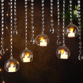 GlikCeil 56 Pcs 3.15'' Hanging Glass Tealight Holder Globe with K9 Crystal Garland Strands,Teardrop Pendant Hanging Tealight Candle Holder Orbs Air Plant for Wedding Centerpiece Party Decor (Clear)
