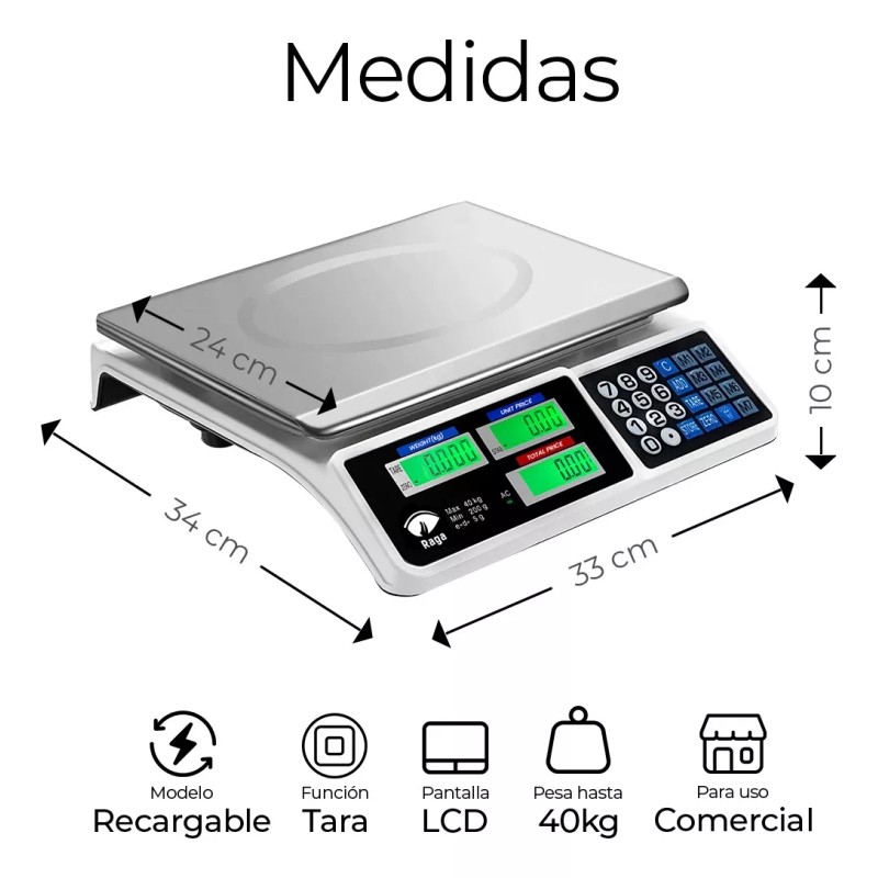 Raganet Bascula Digital 40 Kg Comercial Pantalla Lcd Función Tara