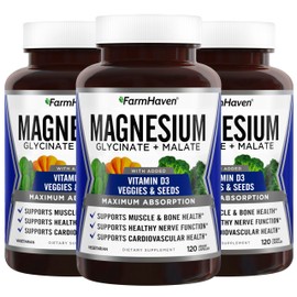 FarmHaven Magnesium Glycinate & Malate Complex w/ Vitamin D3, 100% Chelated for Max Absorption, Vegan – Bone Health, Nerves, Muscles, 360 Capsules, 180 Days
