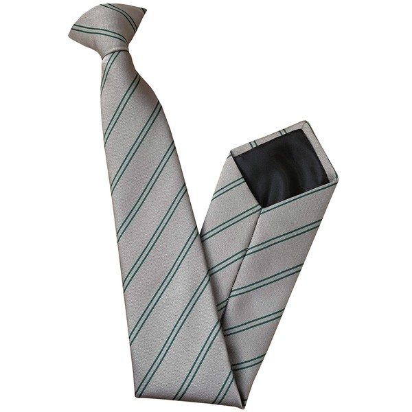 Men's Clip On Tie (Grey with Bottle Green Double Stripes)