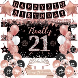 Trgowaul 21st Birthday Decorations for Her, 30pcs Black Rose Gold Happy Birthday Party Supplies, 18th Crown and Sash, Banner, Hanging Swirl Flag, Balloons, Cheers to 21 Year Old Set for Women