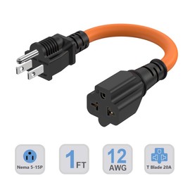 1Ft 12AWG 15 Amp Household Plug to 20-Amp Adapter Cable Nema 5-15P to 5-20R,5-15P to 6-15R/20R T-Blade 20Amp to 15Amp AC Plug-Adapter Cable,Heavy Duty 125V 15A to 20A 250V Extension Power Cord