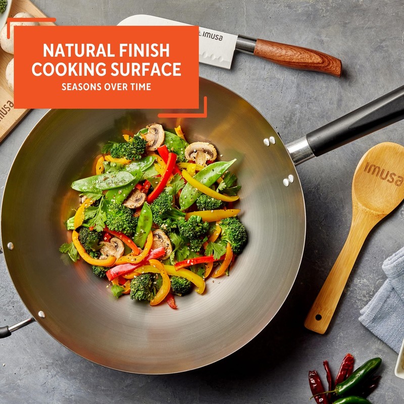 IMUSA USA Natural Wok with Triangle Handle 14-Inch, Silver