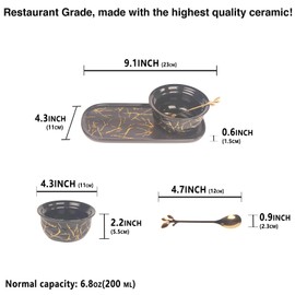 LIUYWYHCF Soup Bowl and Sandwich Plate Combo with 6.8 oz Soup Bowl and 9.1" Ceramic Plate and Gold Spoon - Soup and Side/Cracker Bowl Set for Breakfast, Bread Dip Bowl - Dishwasher Safe, Black