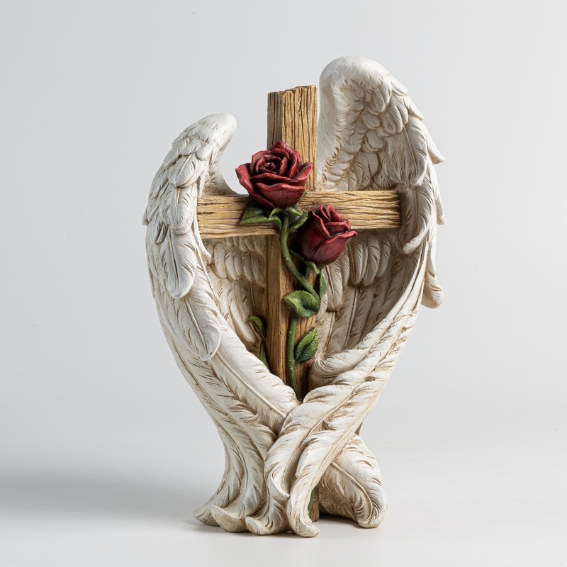 ShineOnAngel 12" Angel Wings Embracing Cross and Rose Garden Statue