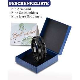 Men's Leather Bracelet – Stainless Steel Magnetic Clasp Bracelet – Braided Leather Bracelet – Bracelets for Men as a Gift for Birthday, Valentine's Day, Christmas or Father's Day, Black, 23 cm