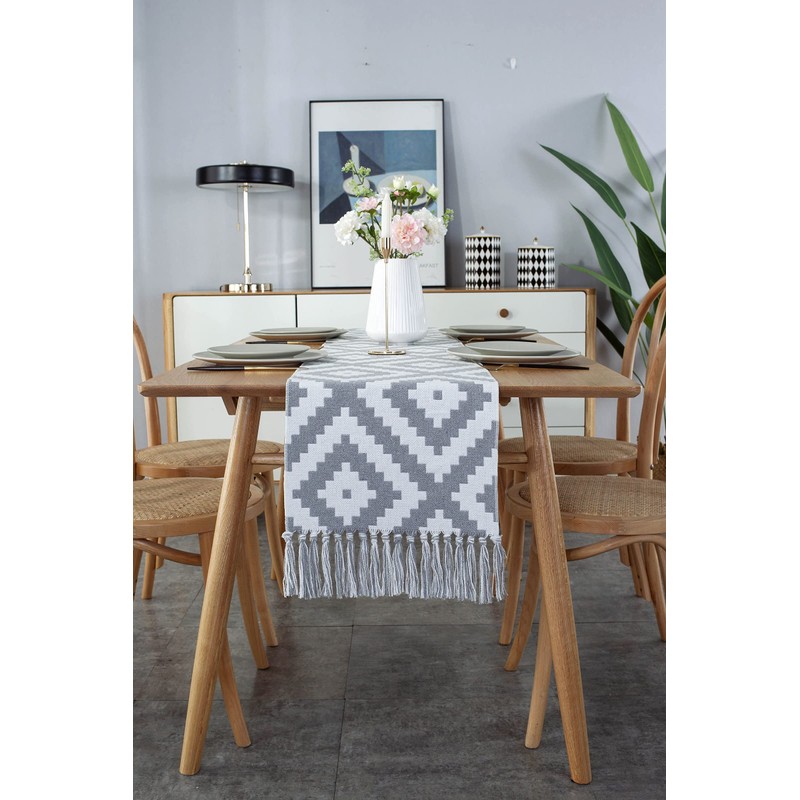 KnBoB Cotton Linen Beige Grey Geometric Puzzle Pattern with Tassels