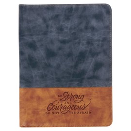 Christian Art Gifts Premium Vegan Leather Zippered Portfolio for Men w/Inspirational Scripture: Strong & Courageous, Encouraging Bible Verse w/Pen & Highlighter Combo for Notetaking, Navy Blue/Brown