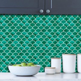 AdoDecor Peel and Stick Fish Scale Tile for Kitchen and Bathroom Backsplash, Green, 10 Sheets of 12x12 inches, Modern, Textured, Waterproof