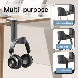 Mokiwala Rotating Headphone Stand - PC Gaming Headset Stand, Adjustable Clamp-on Headphone Holder, Headphone Hanger Hook Under Desk with 360 Degree Swivel&Cable Clip Organizer - Black