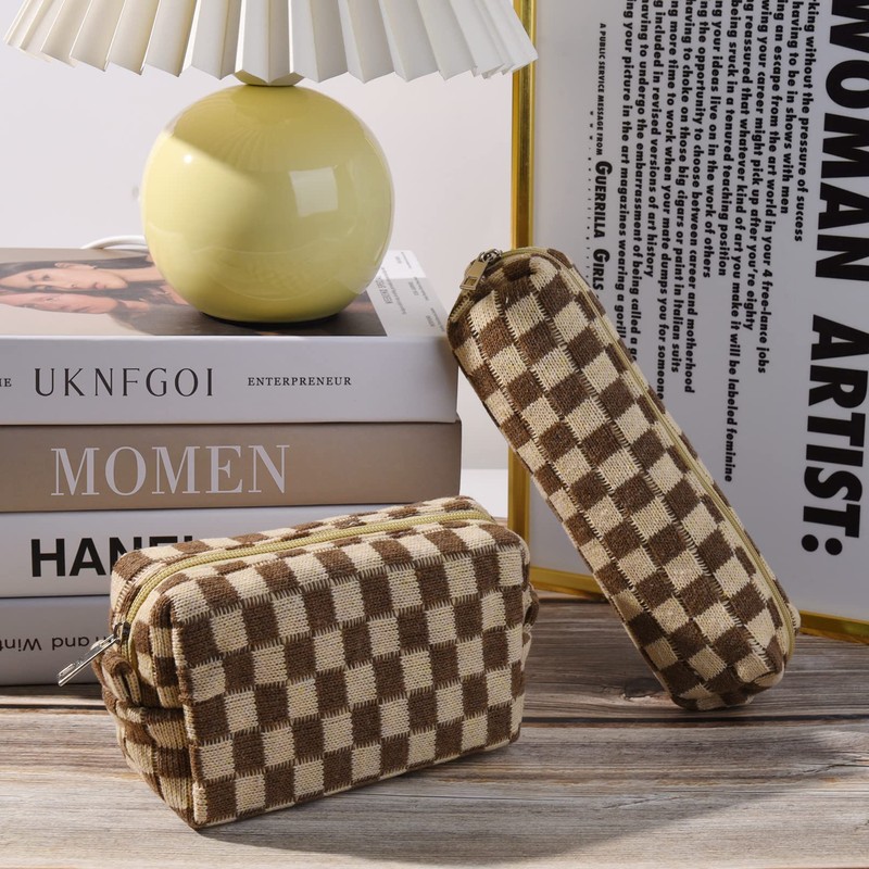 SOIDRAM Makeup Bag Checkered Cosmetic Bag Brown Makeup Pouch 1Pcs