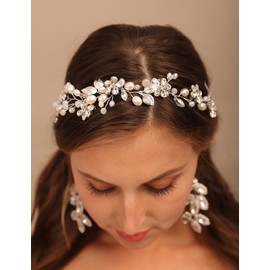 Teyglen Bride Flower Wedding Hair Vine Handmade Pearl Crystal Hair Piece for Women Silver Rhinestone Headpiece Hair Accessories Bridal Headband Hair Vine