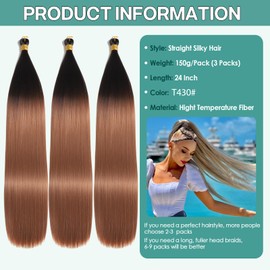 Locescsoc 24 Inch Bone Straight Braiding Hair 150g 3 Packs Straight Hair Extensions, Ariel Straight Ponytail Hair Bundles, Ombre Soft Synthetic Hair for Women (Ot4/30, 24 Inch 3 Bundles)