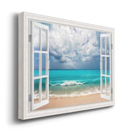 Renditions Gallery Canvas Wall Art Home Decorations Fake Window View of Blue Ocean Sandy Beach Artwork Pictures & Prints for Bedroom Dining Living Room Office Home Kitchen Decor - 18"X27" LT01