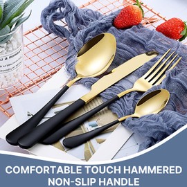 24 Pieces Flatware Set, Caliamary Stainless Steel Flatware Set with Silverware Holder Spoons Forks Knives,Utensils Set Service for 6,Gold Mirror Polished and Matte Pink Painted (Black)…