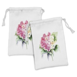 Ambesonne Floral Fabric Pouch Set of 2, Hydrangea Flower Bouquet in Watercolor Blossoms Botany Petals Image, Small Drawstring Bag for Toiletries Masks and Favors, 9" x 6", Pink Yellow Forest Green