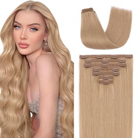 TESS Clip-In Real Hair Extensions, 7 Pieces, 120 g, 16 Clip-In Hair Extensions, Lace Net, Remy Extensions, 50 cm, #27 Dark Blonde