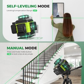 16 Line Laser Level 360 Self Leveling, 4x360°Professional 4D Green Cross Line laser Level with 2 Batteries, Adjustable Brightness & Remote Control, for Tiling Floor Construction and Picture Hanging