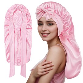 AYNKH 1Pcs Long Satin Ladies Nightcap, Satin Hair Bonnet, Silk Bonnet with Elasticated Band for Long Curly Hair, Pink