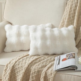 YAERTUN Pack of 2 Cream White Cushion Covers 12x20 Inch 30x50 cm Thick Soft wool Decorative Throw Pillow covers Pillowcase Faux Fur Plush fluffy for Sofa Couch Bedroom
