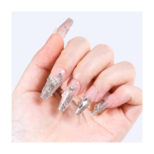 Pack of 24 Glue-On Fingernails, Glitter Butterflies Plant Pattern Press