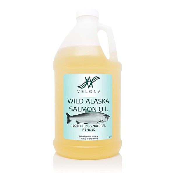 Wild Alaska Salmon Oil by Velona - 64 oz | 100% Pure and Natural Carrier Oil | Refined, Cold pressed | Vitamin E, D, Omega-3 | Cooking, Skin, Face, Body, Hair Care | Use Today - Enjoy Results