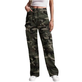 Cargo Pants Women Camo High Waisted Baggy Casual Pants with Pockets Straight Wide Leg Trousers Y2K Pants