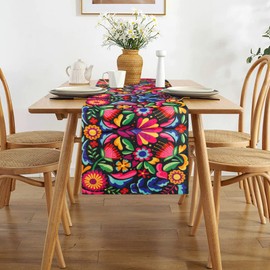 TAOPE Colourful Floral Table Runner, Summer Table Runner, Linen, 40 x 140 cm, Mexican Colourful Vintage Table Runner for Home, Kitchen, Dinner, Holiday, Party, Table Decoration