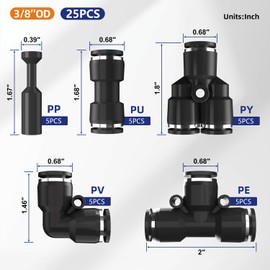 CNZG PNEU 25pcs 3/8" Push to Connect Fittings, 3/8 inch OD Dot Air Line Fittings Pneumatic Air Hose Tubing Quick Connects Kit (Tee, Straights, Elbow, Splitters,Plugs)