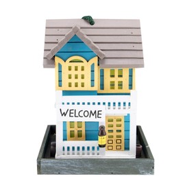 CLEVER GARDEN Hanging Birdhouse, Decorative Outdoor Bird Feeder for Hummingbirds and Wild Birds, Blue Welcome