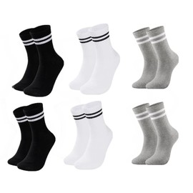 QIGEN LTD 6 Pairs Men Women Cotton Sports Running Socks, Breathable Striped Crew Socks Athletic Socks Casual Socks (UK, Numeric, 9, 12, Regular, Regular, Black+White+Grey)