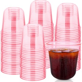 Mkhaslri 100 Pcs Disposable Stemless Glasses Crystal Plastic Wine Glasses Clear Classic PET Drinking Cup for Meeting Weddings Birthday Cocktail Christmas Party Supplies (Pink, 12oz)