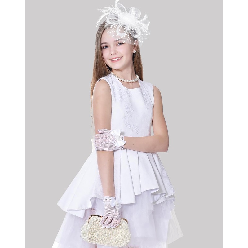 Bniksok Girls White Tea Party Fascinators Hats with Lace Gloves