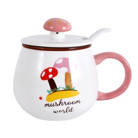 KEYIGOU Taza de café con hongos de 13 onzas, taza de cerámica de hongos con tapa, cuchara, bonita decoración de hongos, regalos de hongos para mujeres, taza de té (rosa)