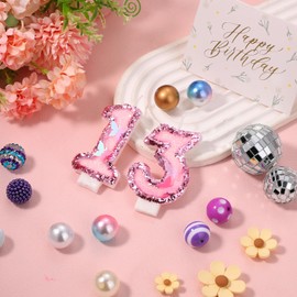 BOXOB Girls Birthday Number 13 Candles, 2.95in Glitter Butterfly Happy Birthday Cake Toppers Pink Sequins Wedding Numeral Cupcake Decorations for Anniversary Celebration Party Supplies (13th)