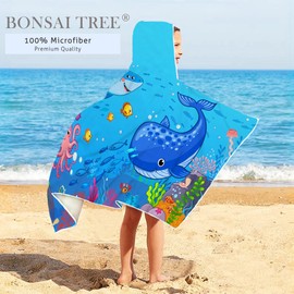 Bonsai Tree Blue Sea World Hooded Beach Towel for Kids, Cute Bath Towel with Hood, Boy Microfiber Super Absorbent Soft Poncho Bathrobe for Swin Pool 30”x50”