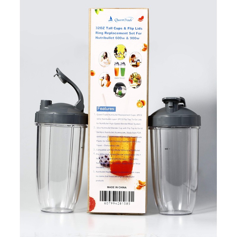 QueenTrade 2 Pack 32OZ Blender Cups & Flip-Top to-Go-Lid Replacement