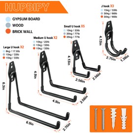 HUPBIPY 12 Pack Garage Hooks Heavy Duty Utility Steel with Anti-Slip Coating Wall Mount Storage Organizer for Hanging Power and Garden Tools, Ladders, Hose, Bikes, Ropes, Bulk Items, and More