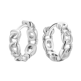 Dainty Twisted Chain Link Hoop Earrings for Women, Sterling Silver Curb Huggie Earrings for Everyday Wear, White Gold Plated