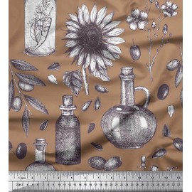 Soimoi Brown Rayon Fabric Sunflower & Jar Vintage Printed Craft Fabric BTY 42 Inch Wide
