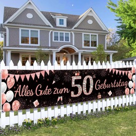 50th Birthday Banner Rose Gold Black Women - Happy Birthday Decoration Background 50 Years, XXL 40 × 210 cm Polyester Fabric Party Banner for 50 Woman Birthday Decoration